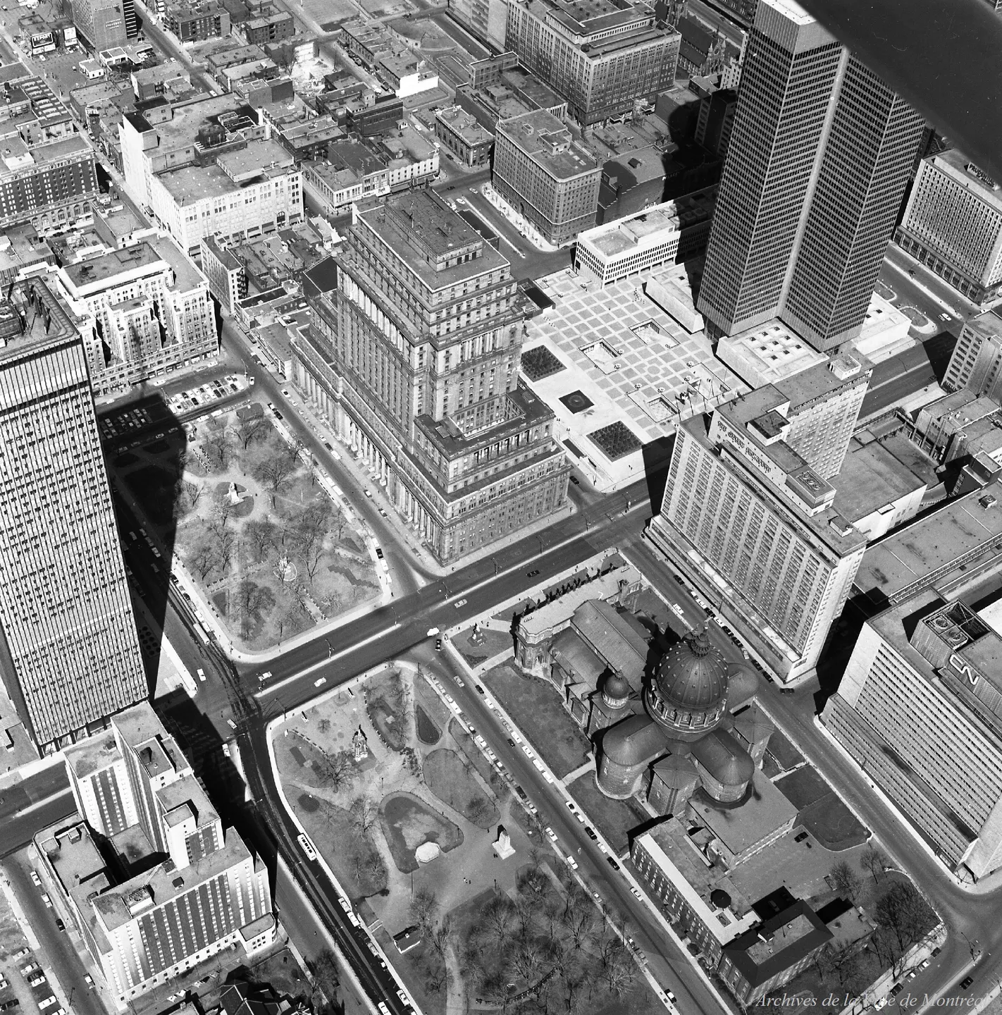 Rue en noir et blanc avec un grand bâtiment en arrière-plan, arbres, voitures garées